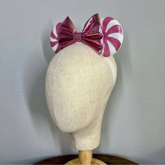 Festive Holiday Pink Candy Cane Sugar Plum Fairy Mouse Ears - Elastic Headband - Picture 7 of 7